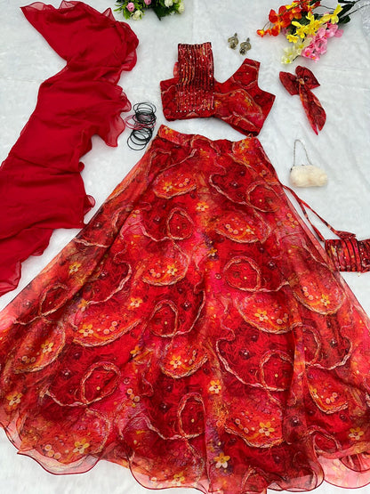 Trendy Organza Silk Digital Print Red Color Lehenga Choli