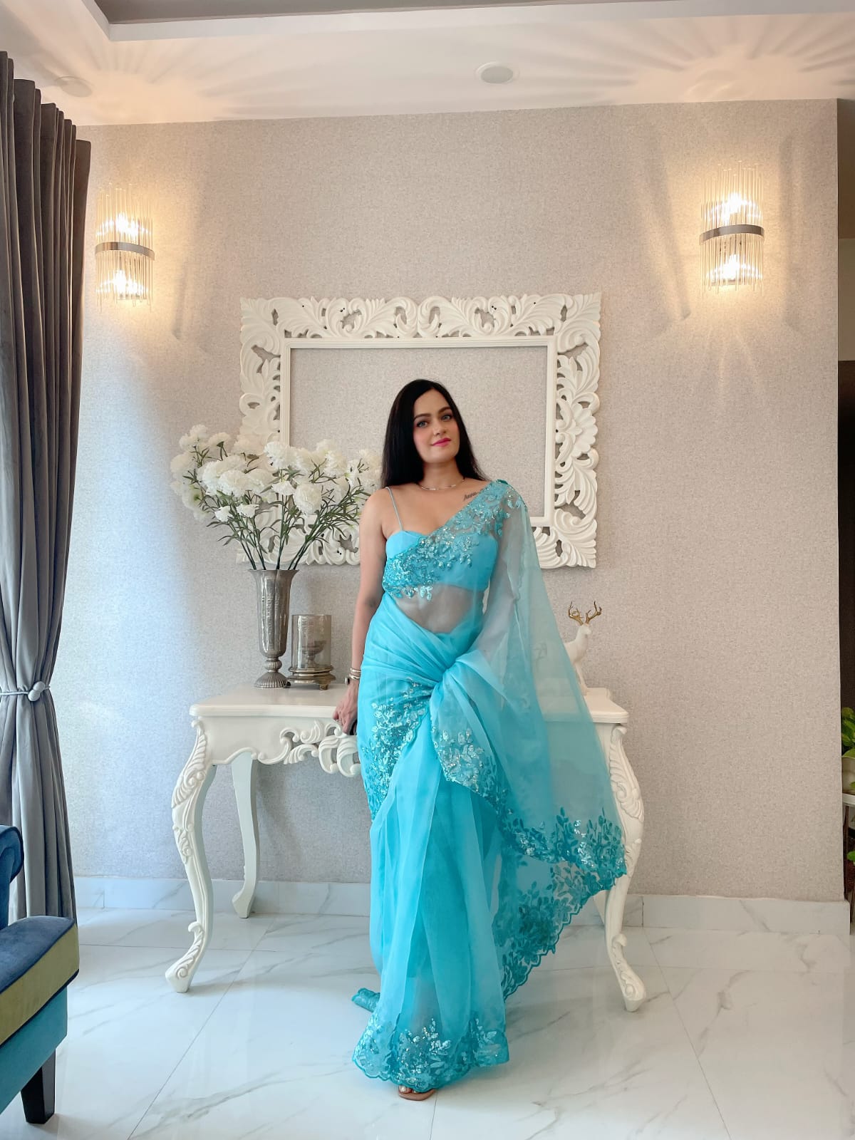 Festive Wear Sky Blue Color Sequence Organza Silk Saree