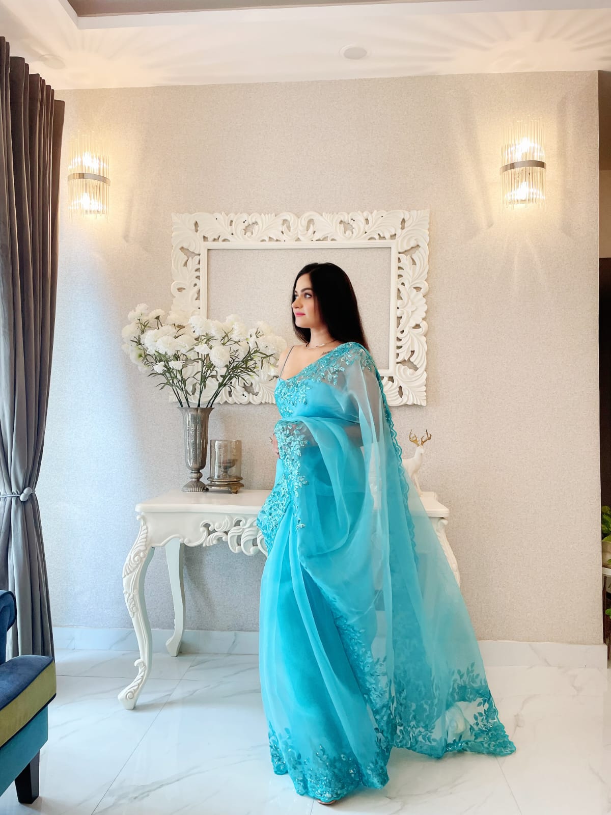 Festive Wear Sky Blue Color Sequence Organza Silk Saree