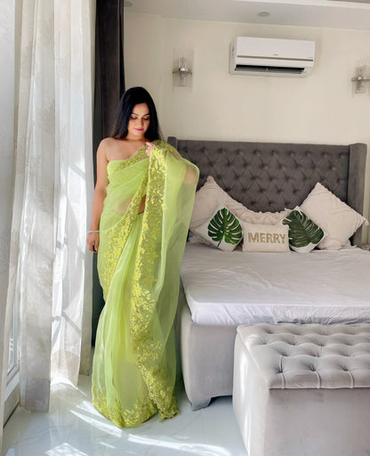 Festive Wear Green Color Sequence Organza Silk Saree