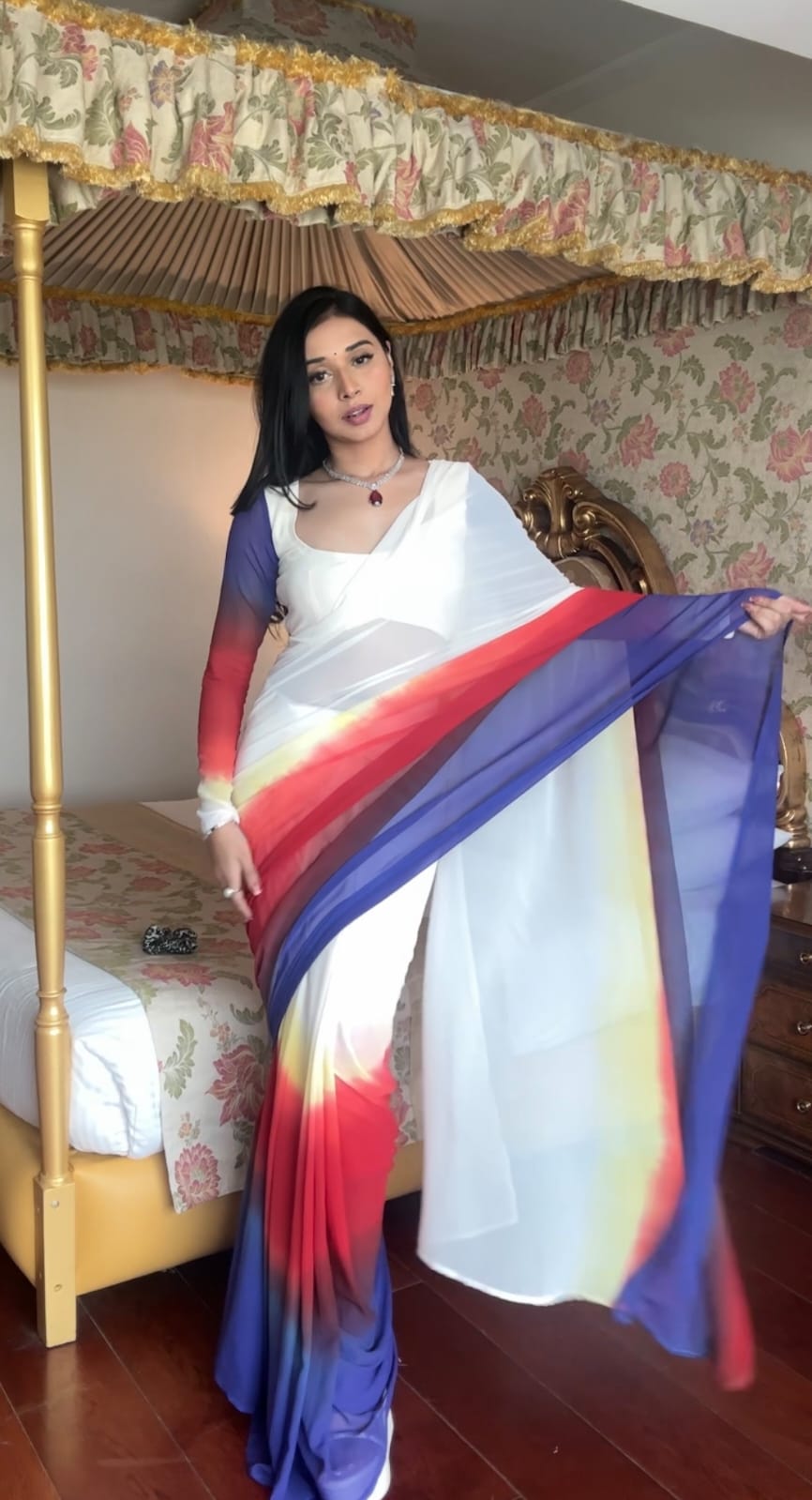 Stylish White With Multi Color Ready To Wear Saree