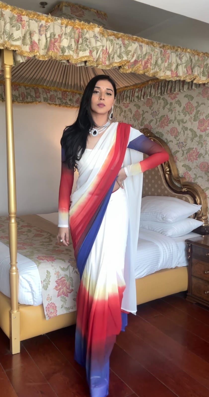 Stylish White With Multi Color Ready To Wear Saree