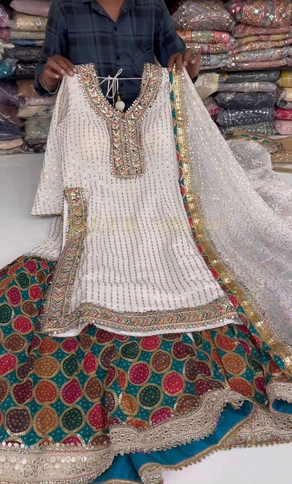 Function Wear Pattern Heavy Work White Color Sharara Suit