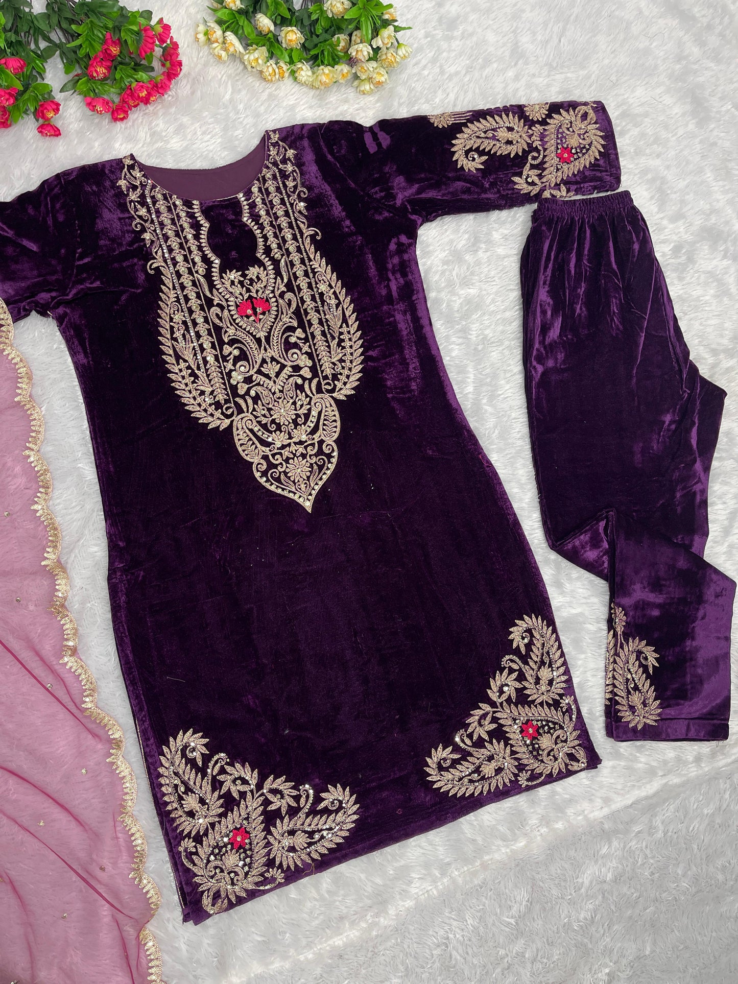 Heavy Chine Sequence Work Purple Color Velvet Plazzo Suit