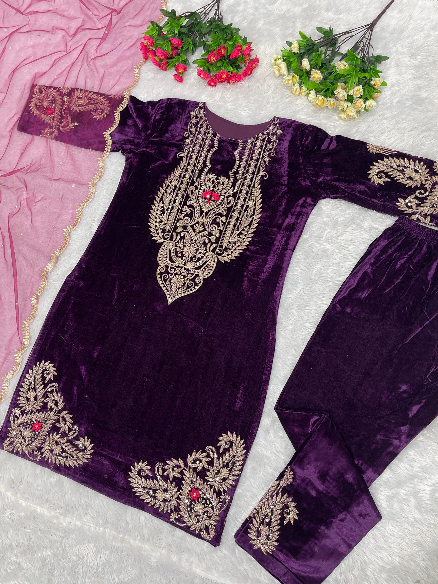 Heavy Chine Sequence Work Purple Color Velvet Plazzo Suit