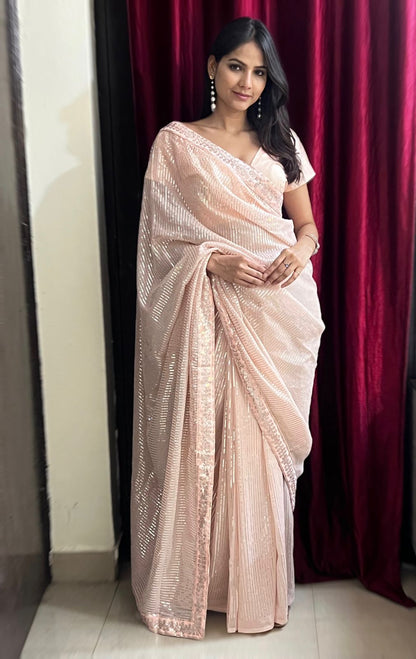 Party Wear Light Peach Color Sequence Work Saree