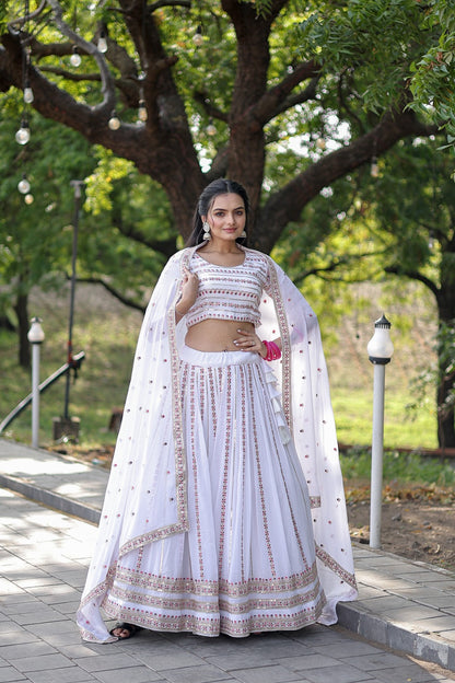 Golden Sequence Work White Color Lehenga Choli