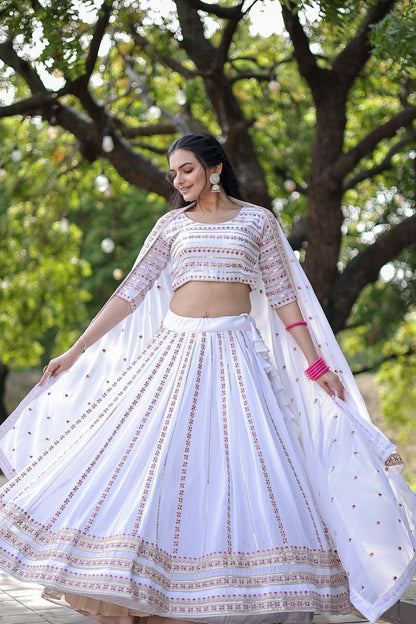 Golden Sequence Work White Color Lehenga Choli