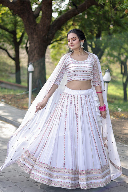 Golden Sequence Work White Color Lehenga Choli