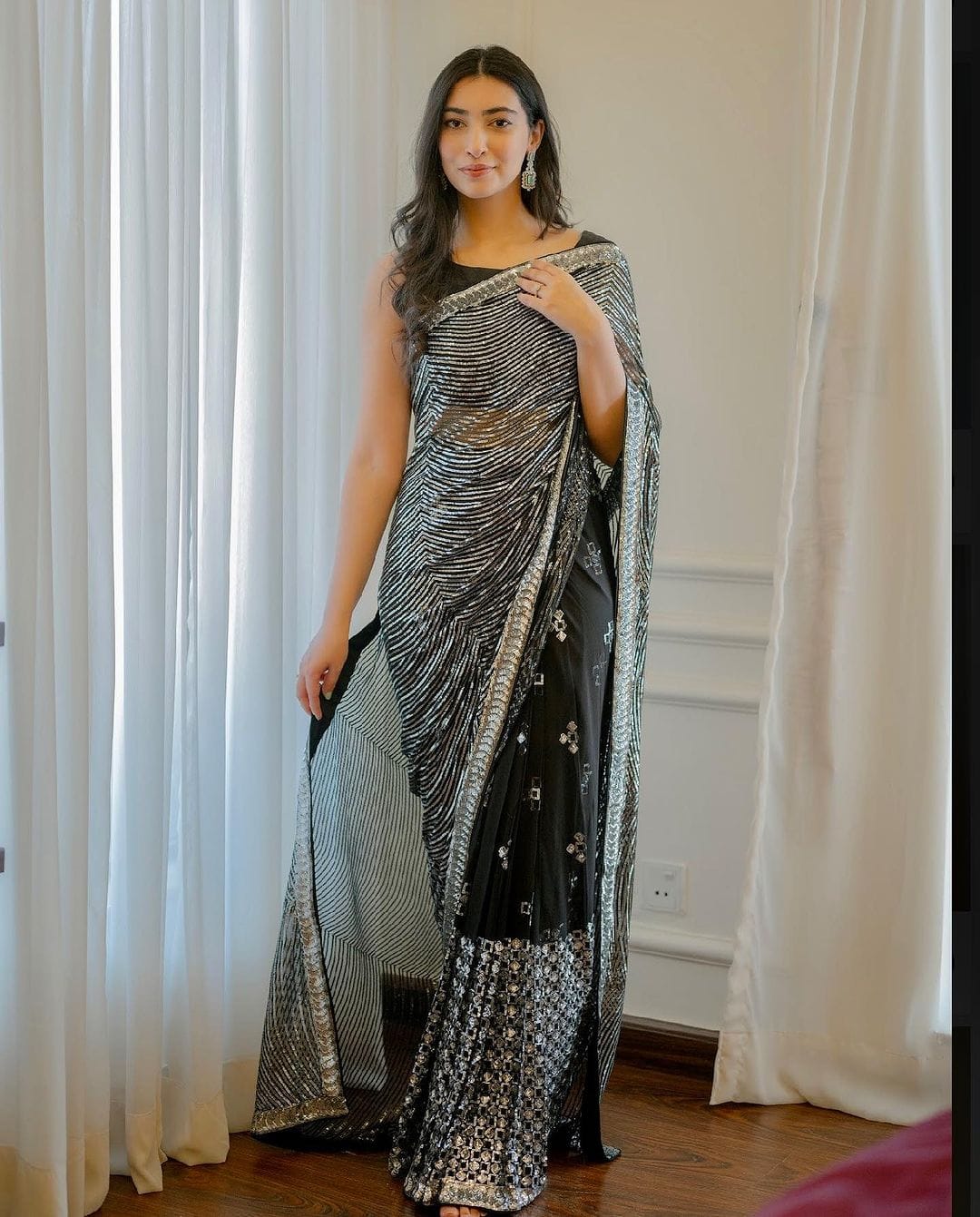 Wedding Wear Heavy Sequins Work Pallu Black Color Saree