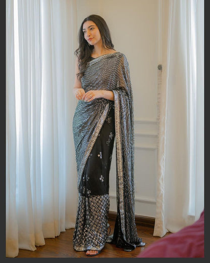 Wedding Wear Heavy Sequins Work Pallu Black Color Saree