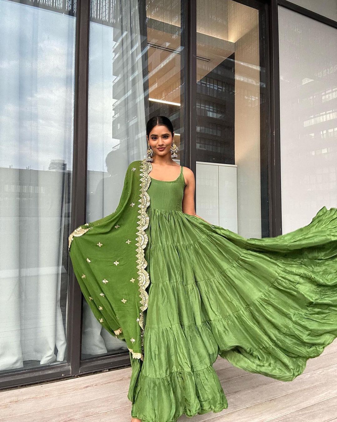 Beautiful Green Color Ruffle Flair Anarkali Gown