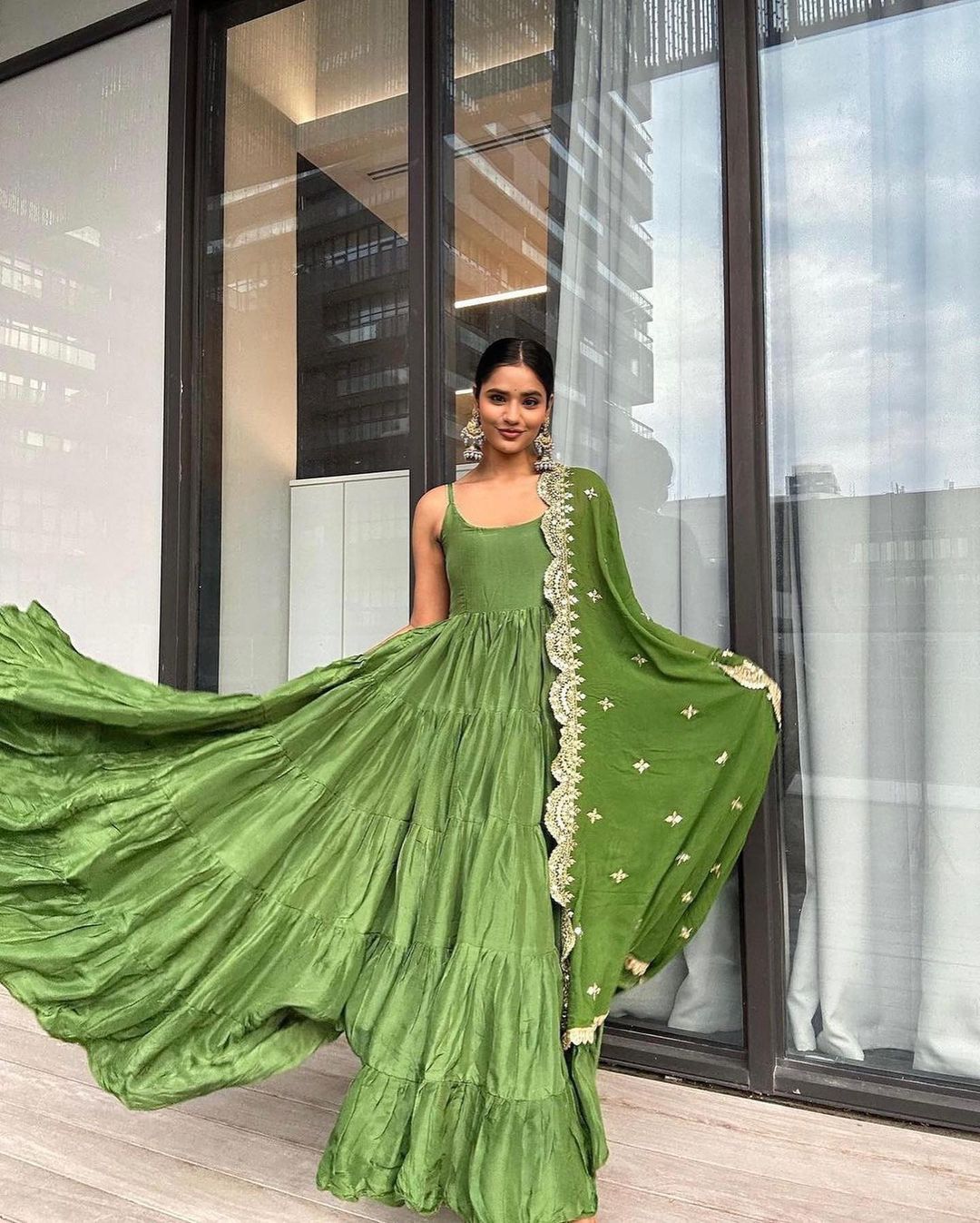 Beautiful Green Color Ruffle Flair Anarkali Gown