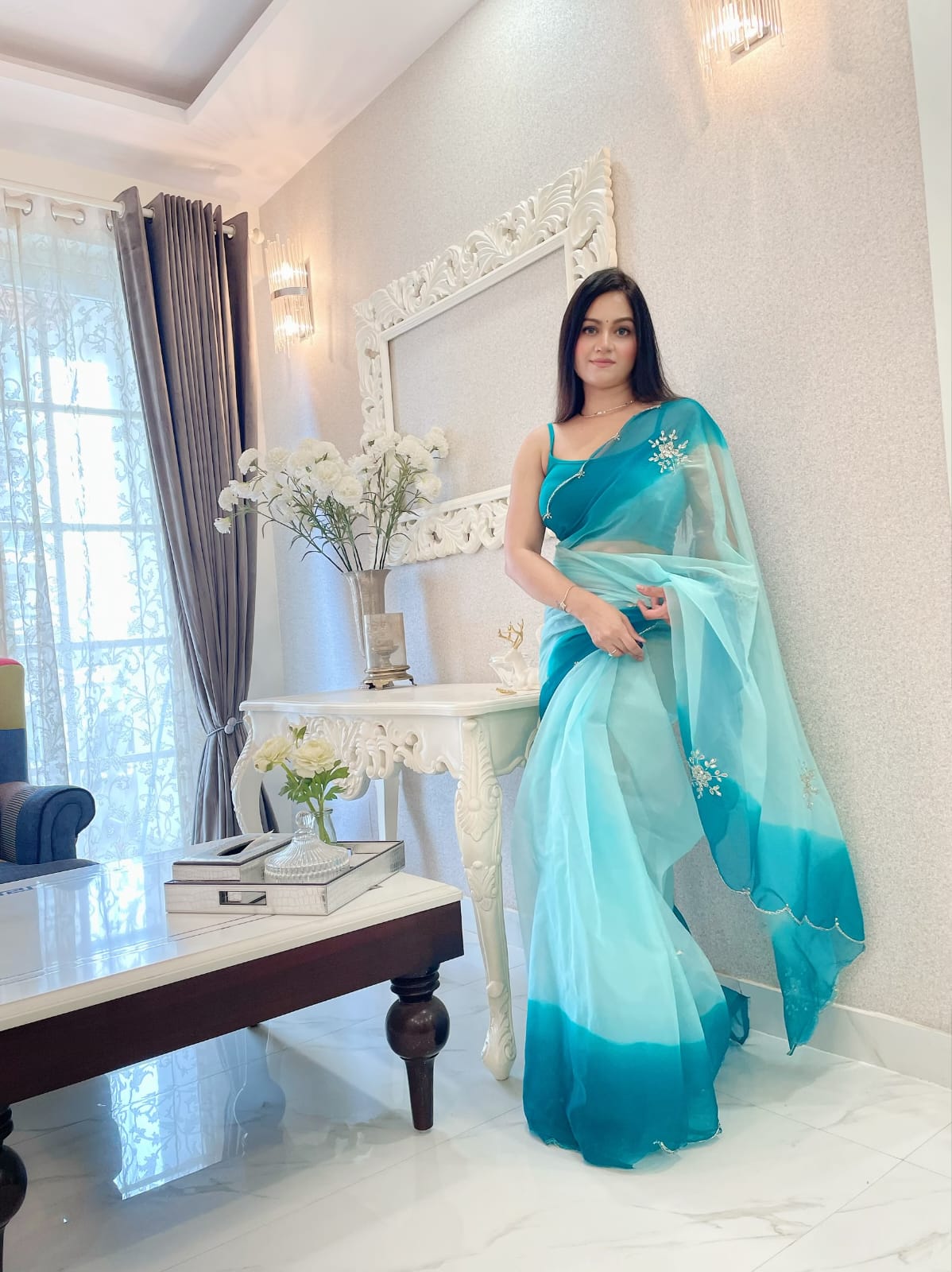 Wedding Wear Sky Blue Color Soft Organza Silk Saree