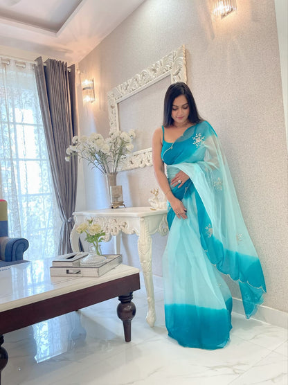 Wedding Wear Sky Blue Color Soft Organza Silk Saree