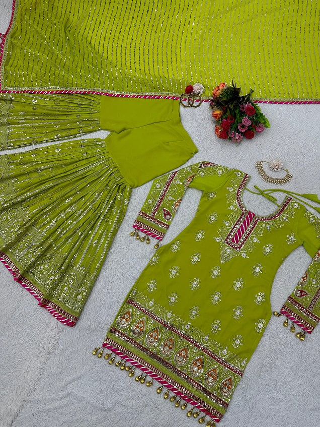 Pakistani Look Sequence Work Green Color Sharara Suit