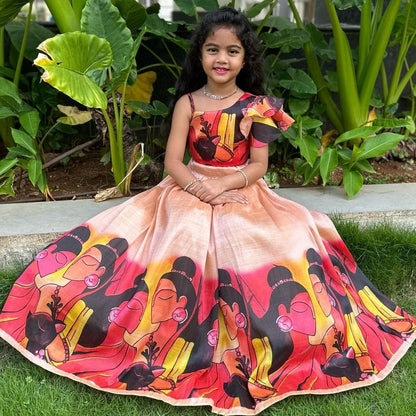 Beautiful Work Peach Color Digital Print  Kid's Lehenga With Top