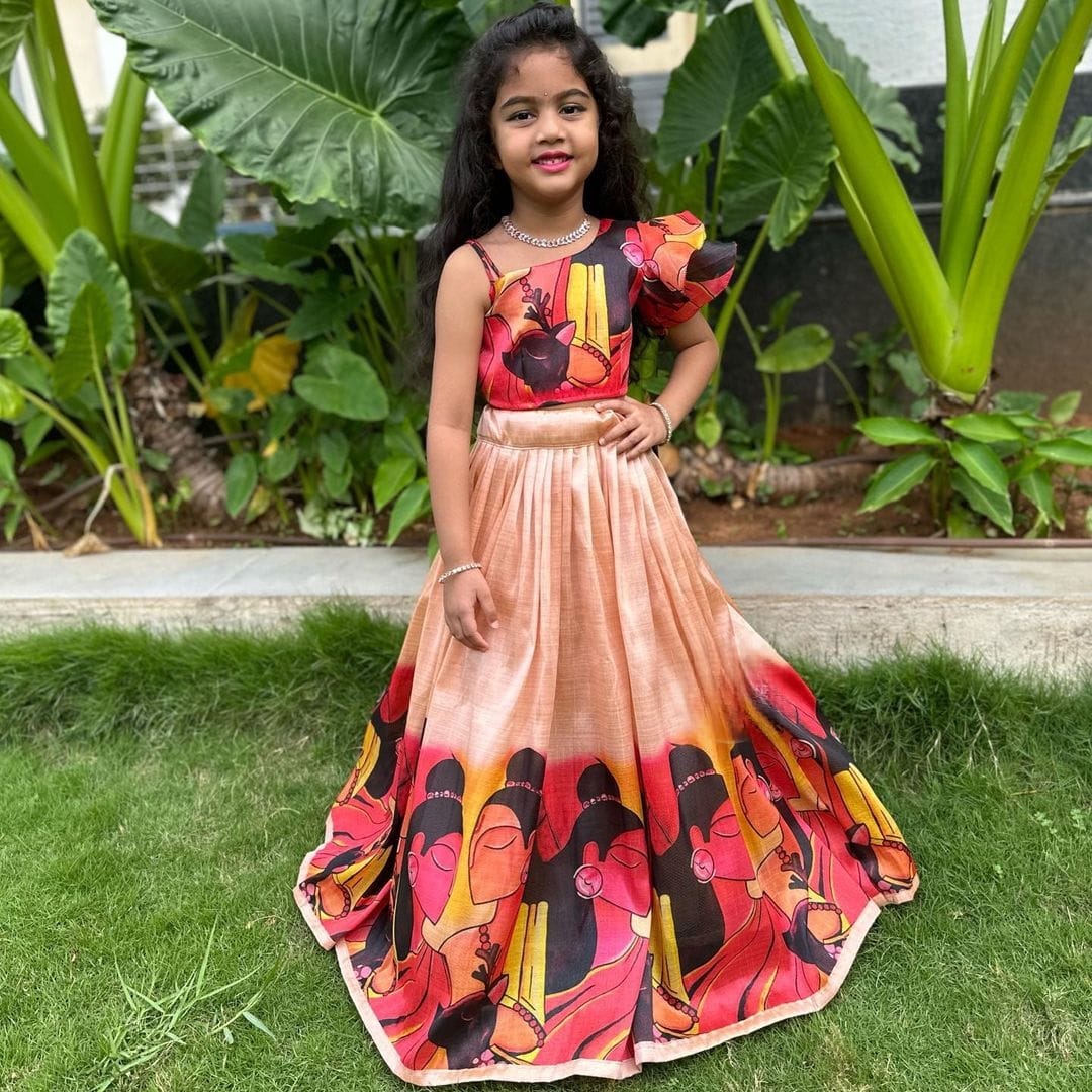 Beautiful Work Peach Color Digital Print  Kid's Lehenga With Top