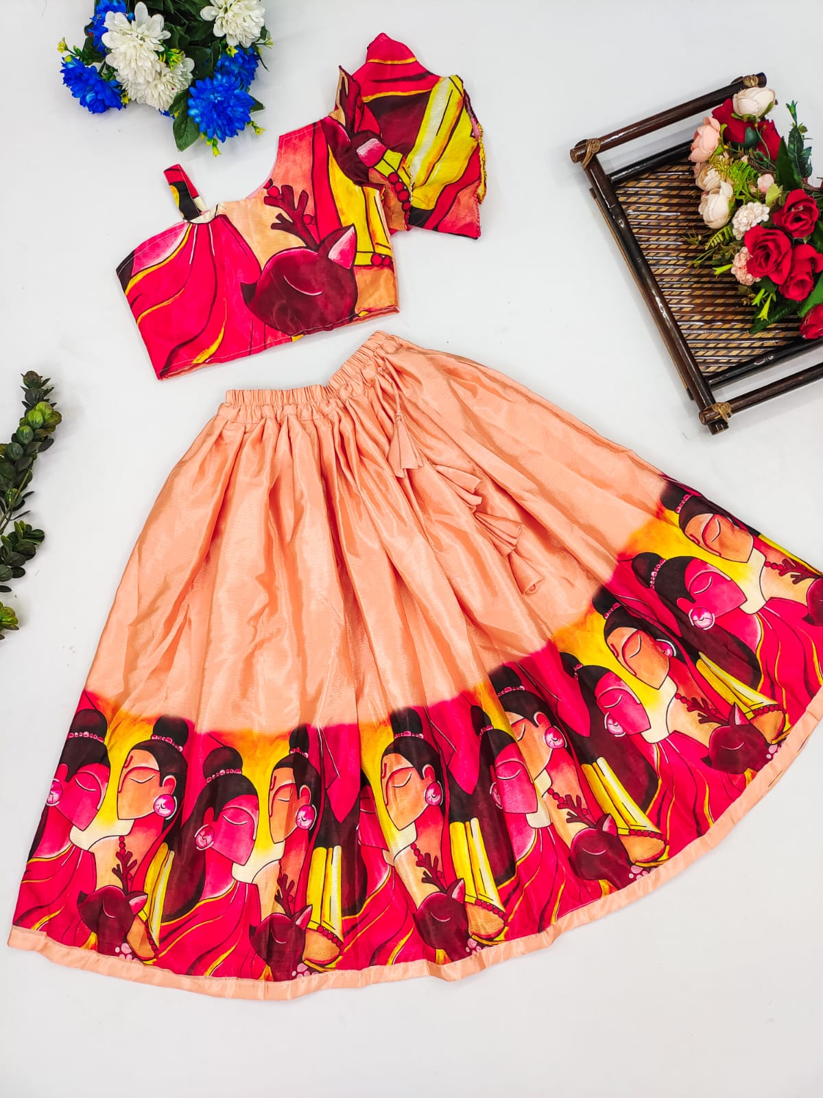 Beautiful Work Peach Color Digital Print  Kid's Lehenga With Top