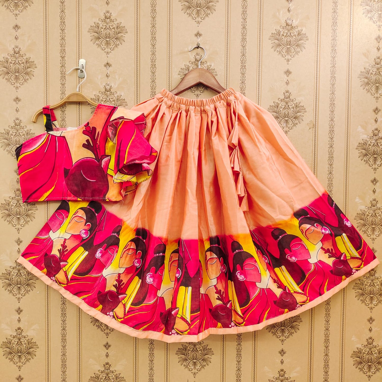 Beautiful Work Peach Color Digital Print  Kid's Lehenga With Top