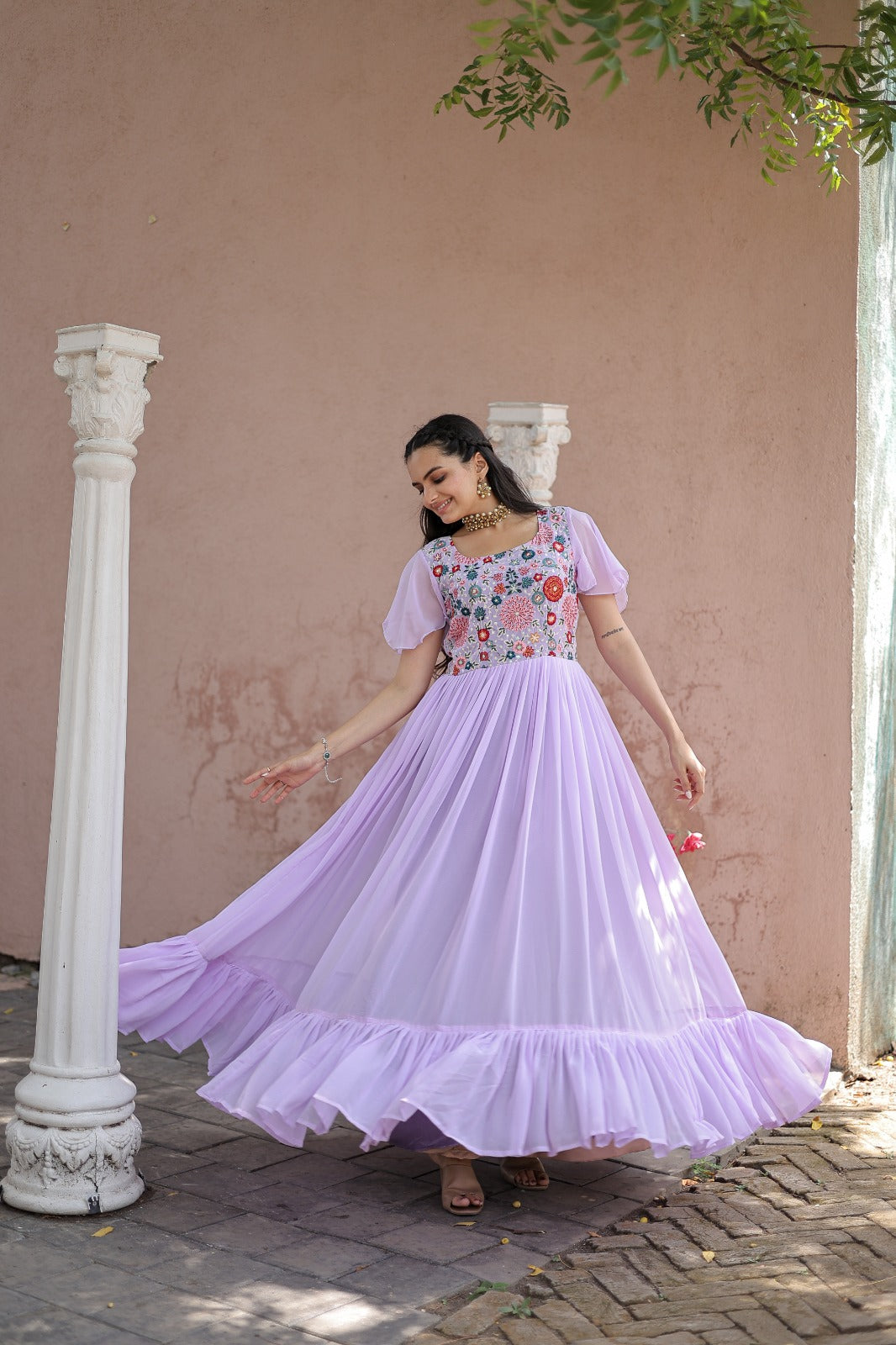 Wonderful Embroidered Work Ruffle Lavender Color Gown