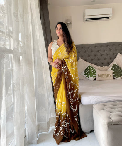 Good Looking Sequence Work Yellow Double Tone Saree