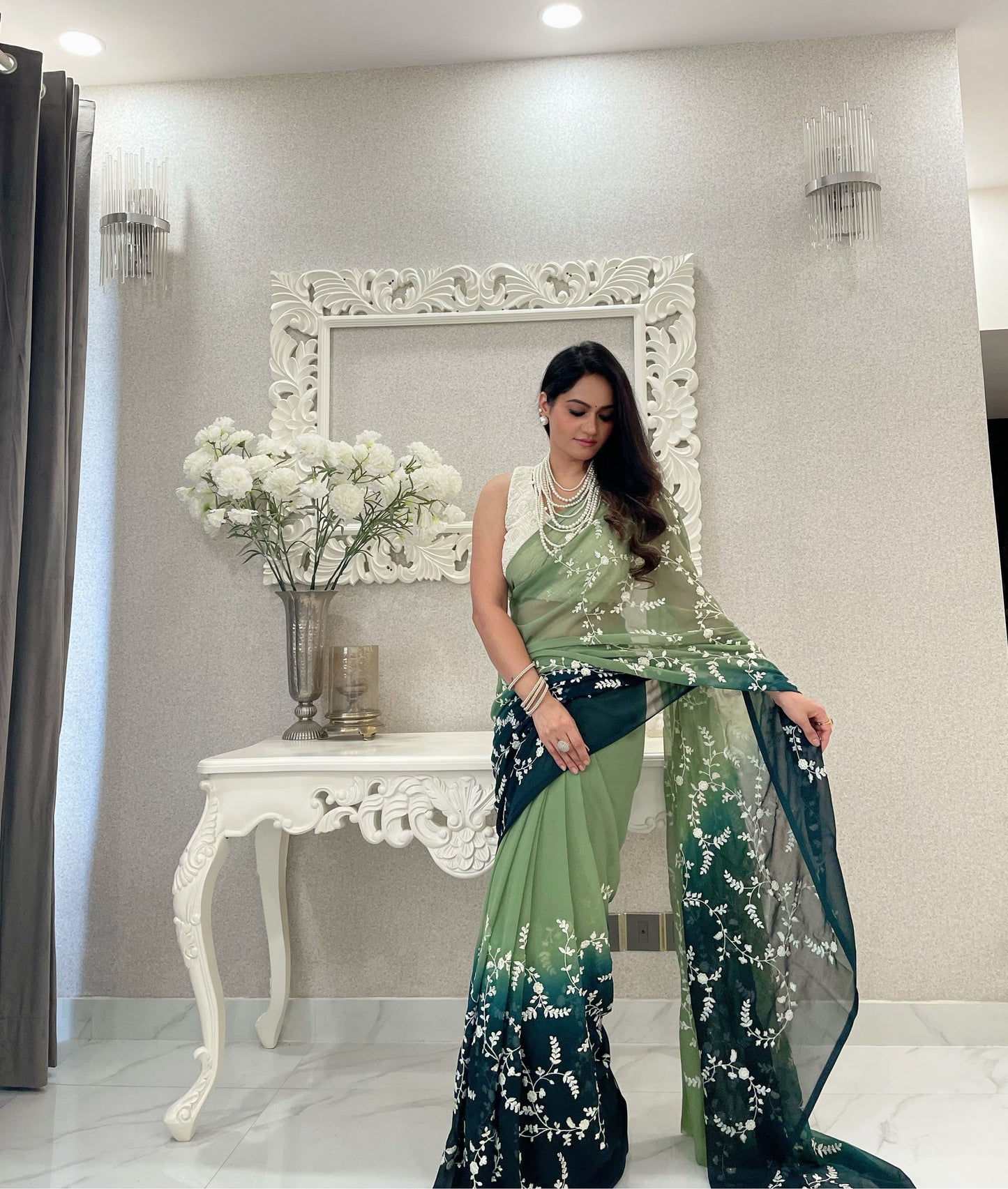 Good Looking Sequence Work Green Double Tone Saree