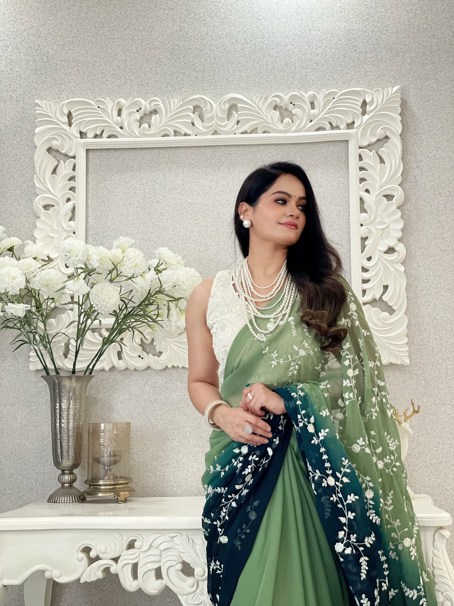 Good Looking Sequence Work Green Double Tone Saree