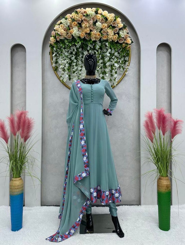 Decent Aqua Blue Color Lace Border Work Anarkali Suit