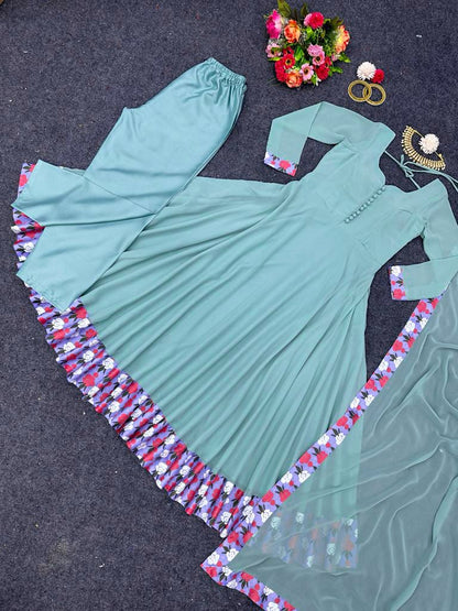 Decent Aqua Blue Color Lace Border Work Anarkali Suit