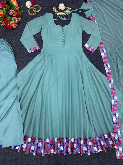 Decent Aqua Blue Color Lace Border Work Anarkali Suit