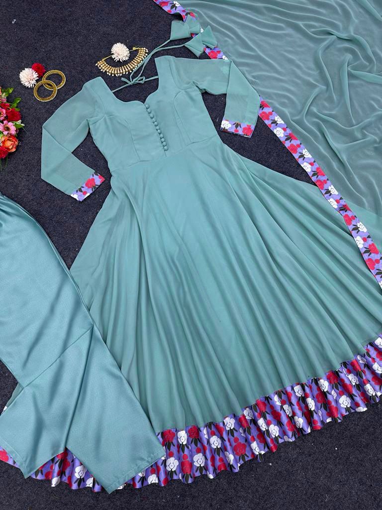 Decent Aqua Blue Color Lace Border Work Anarkali Suit