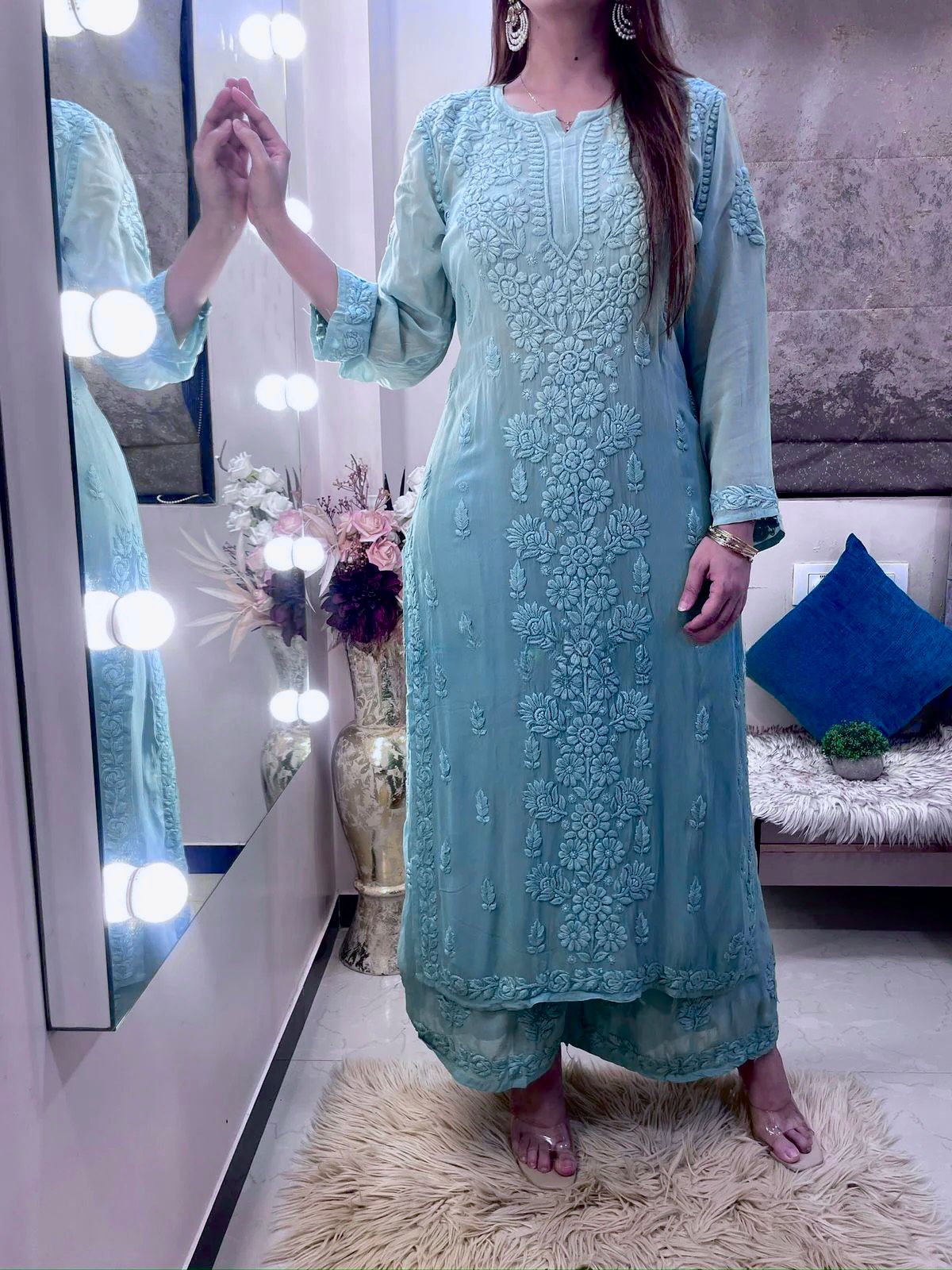 Trendy Chikankari Embroidery Work Sky Blue Long Kurti Set