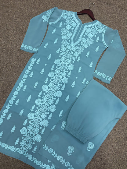 Trendy Chikankari Embroidery Work Sky Blue Long Kurti Set