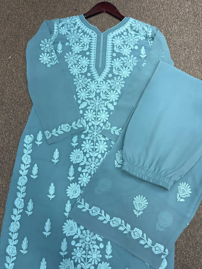 Trendy Chikankari Embroidery Work Sky Blue Long Kurti Set