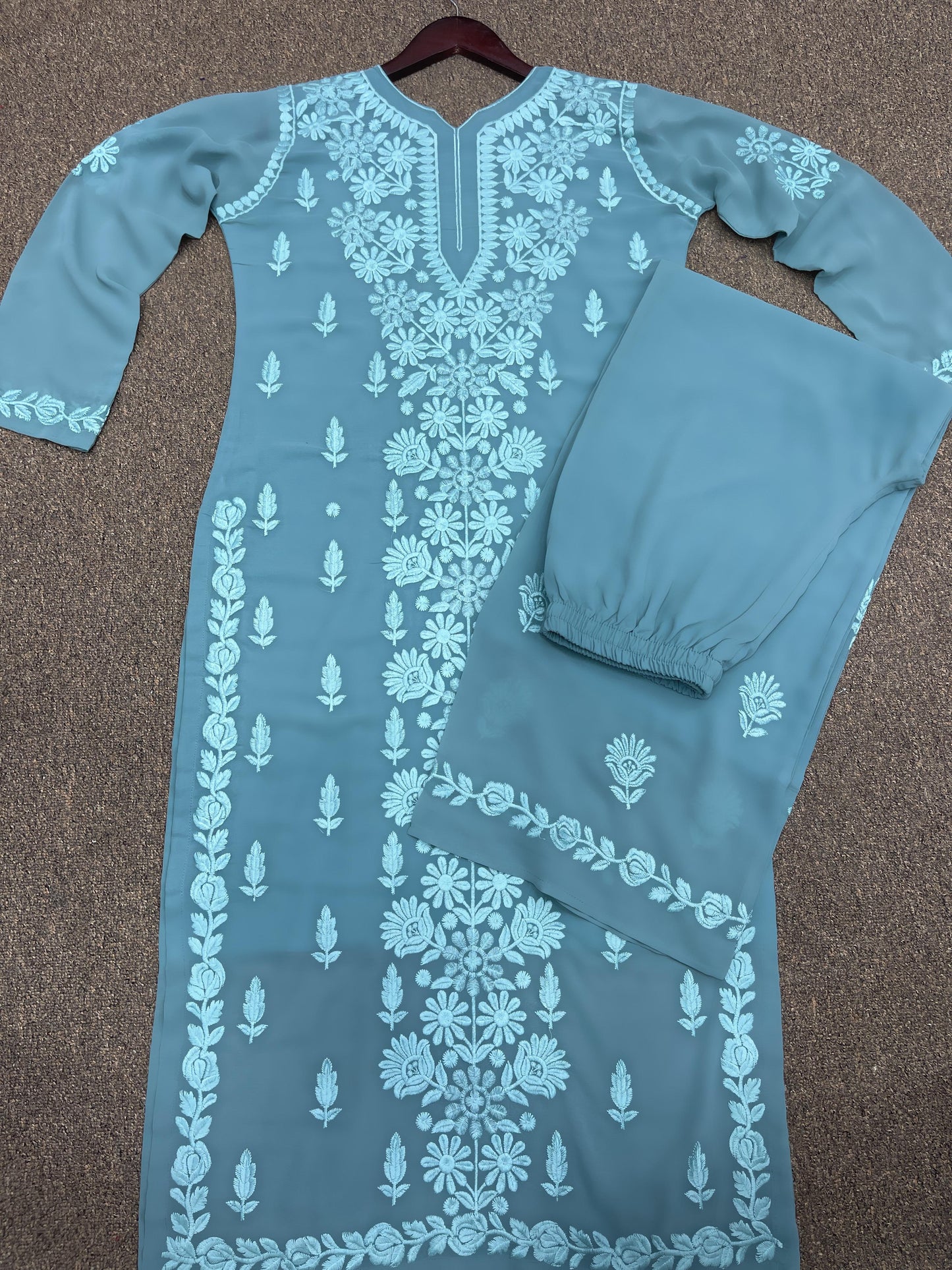 Trendy Chikankari Embroidery Work Sky Blue Long Kurti Set