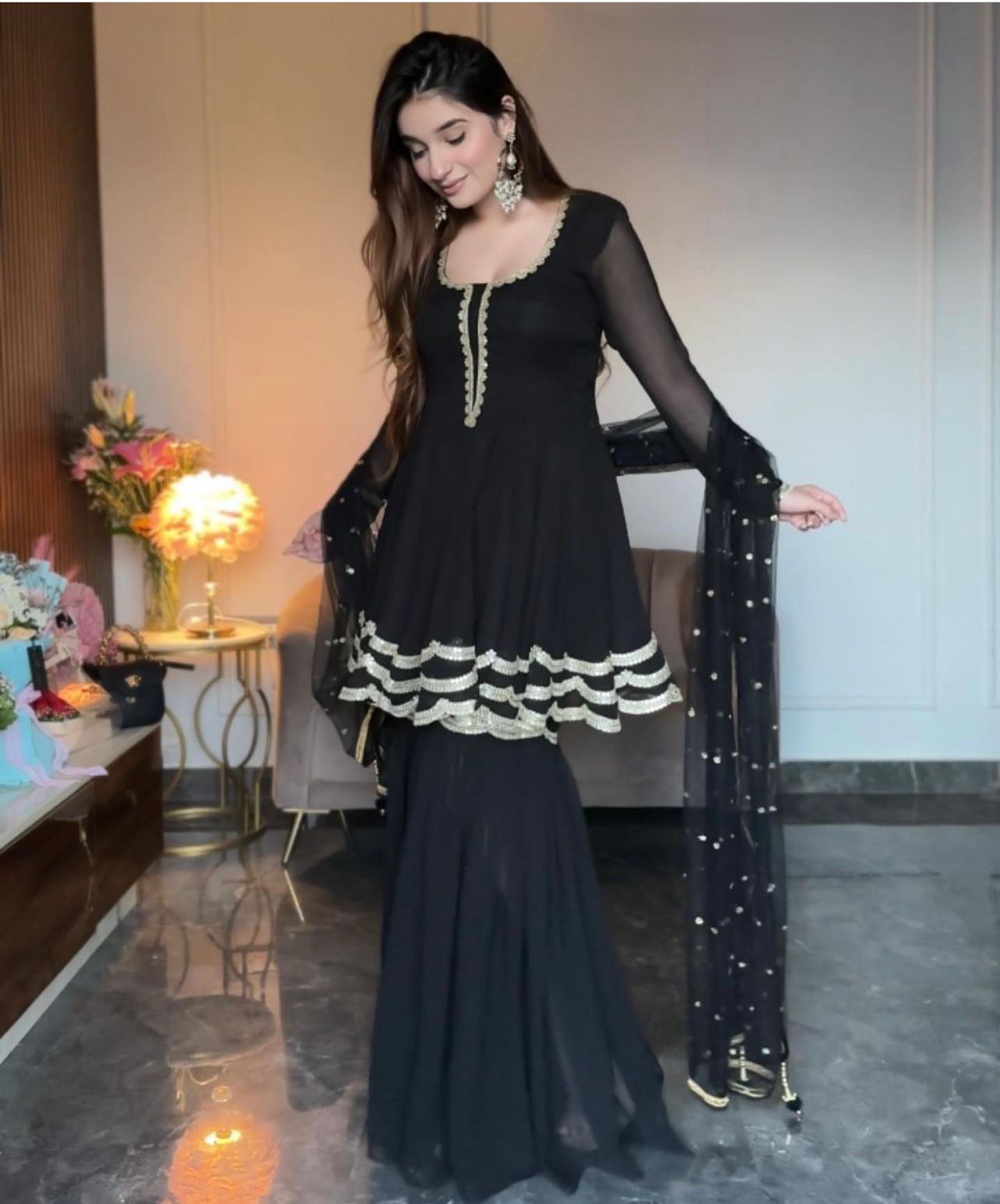 Wonderful Sequence With Zari Work Black Color Sharara Suit