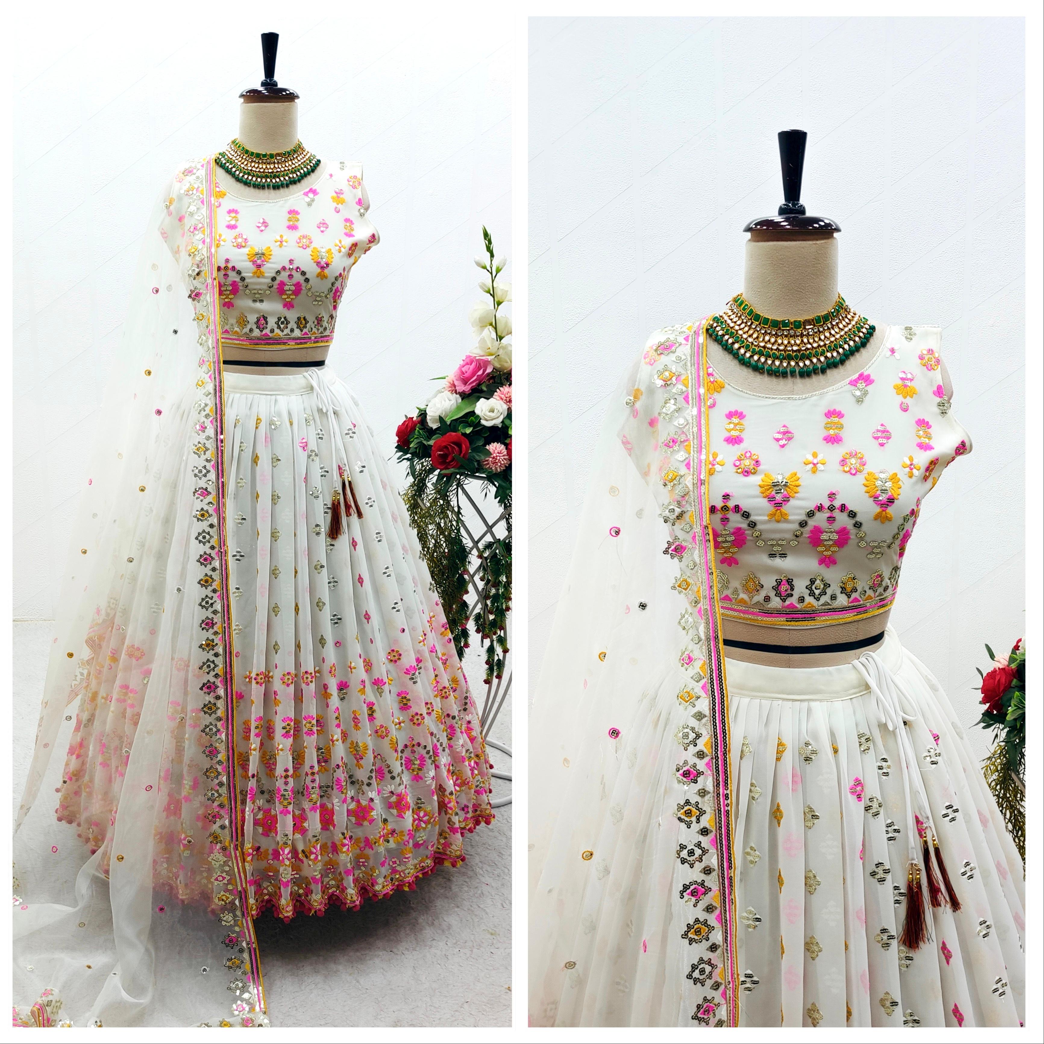 White Color Heavy Multi Thread And Sequence Work Lehenga Choli