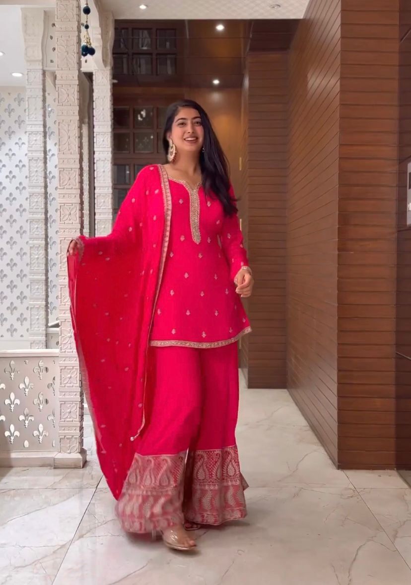 Heavy  Sequence Work  Pink Color Sharara Suit