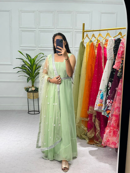 Superhit Pista Green Plain Gown With Beautiful Work Koti