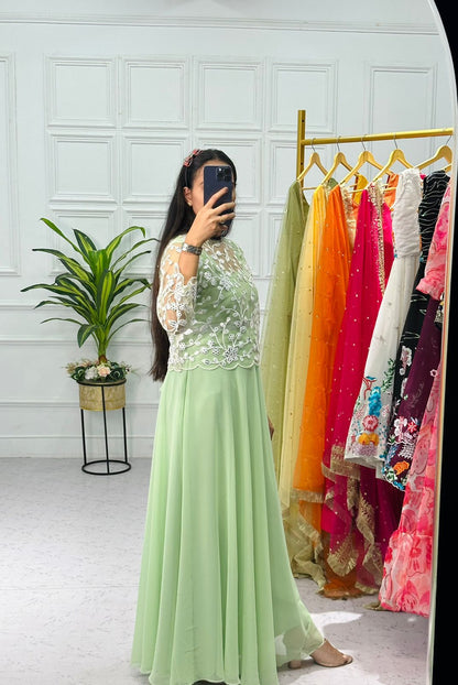 Superhit Pista Green Plain Gown With Beautiful Work Koti