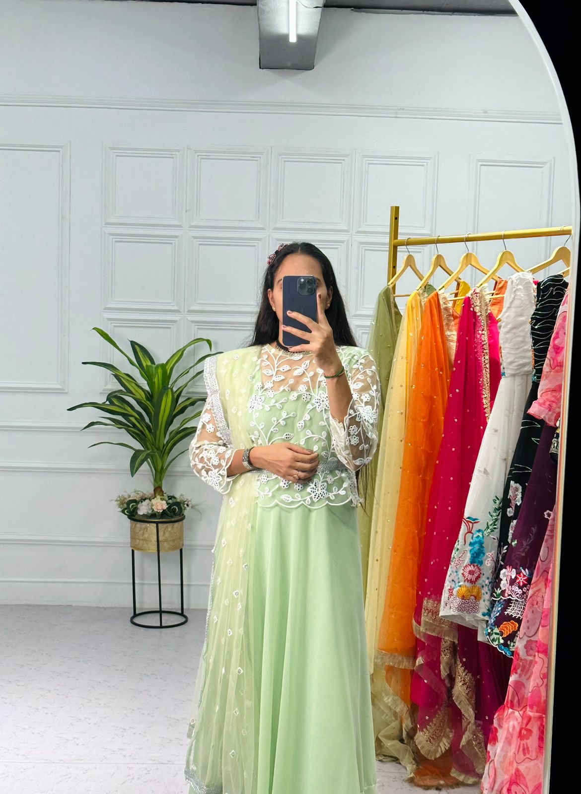 Superhit Pista Green Plain Gown With Beautiful Work Koti