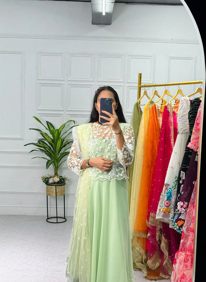 Superhit Pista Green Plain Gown With Beautiful Work Koti