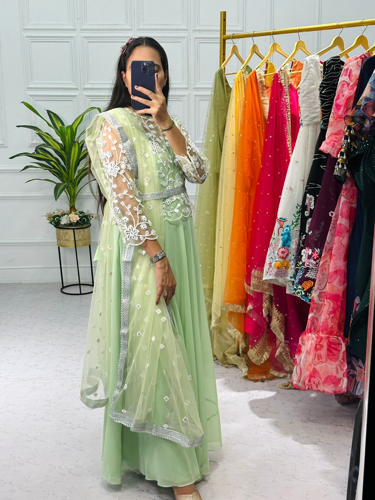 Superhit Pista Green Plain Gown With Beautiful Work Koti