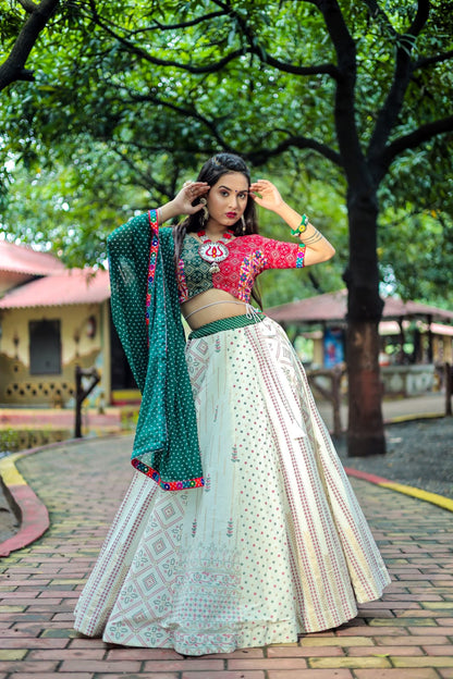 Traditional Wear White and Green Color Couple Combo Lehenga Choli