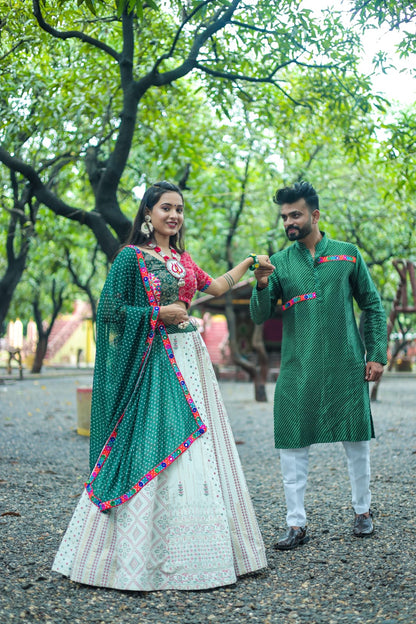 Traditional Wear White and Green Color Couple Combo Lehenga Choli