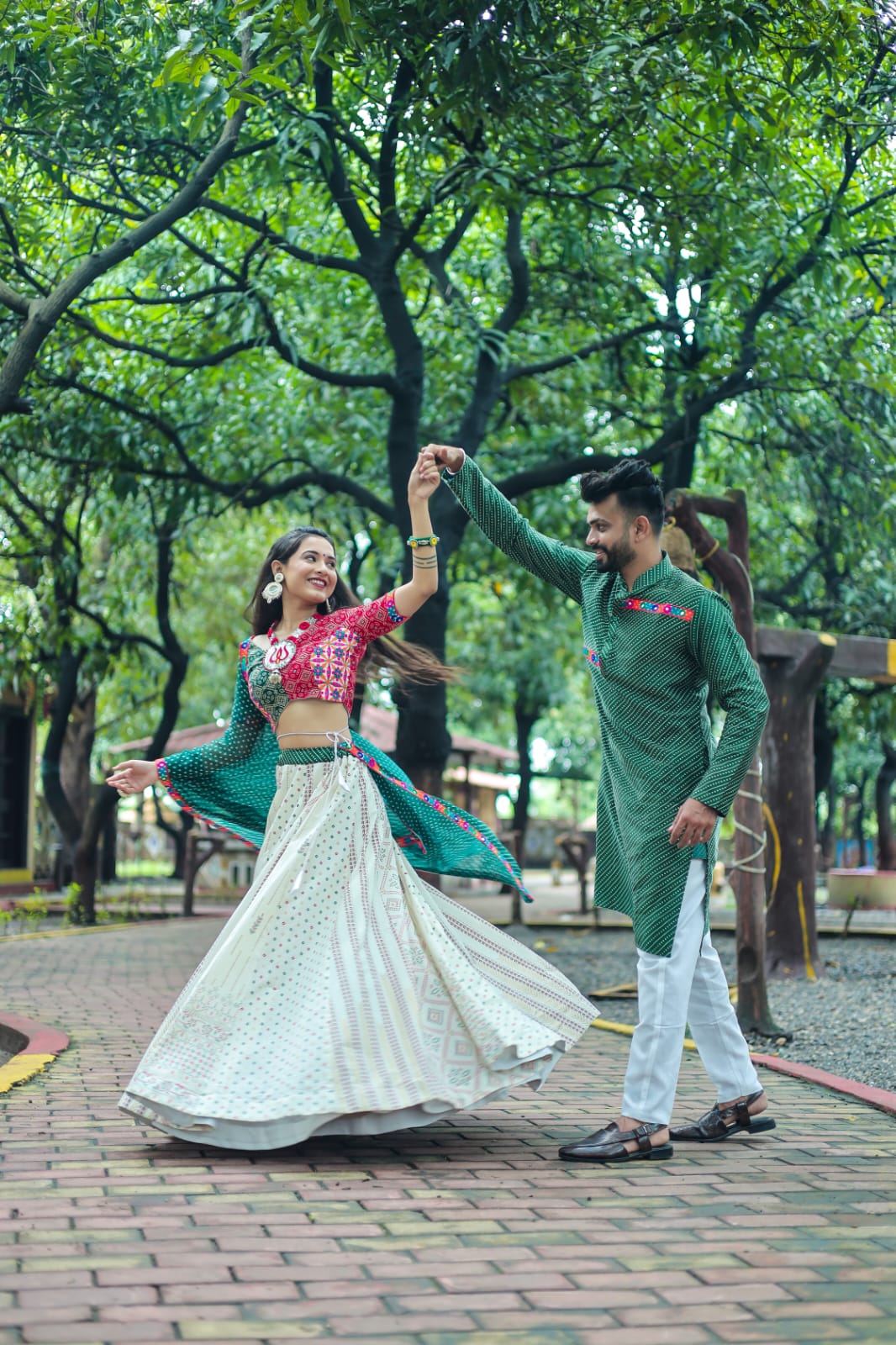 Traditional Wear White and Green Color Couple Combo Lehenga Choli