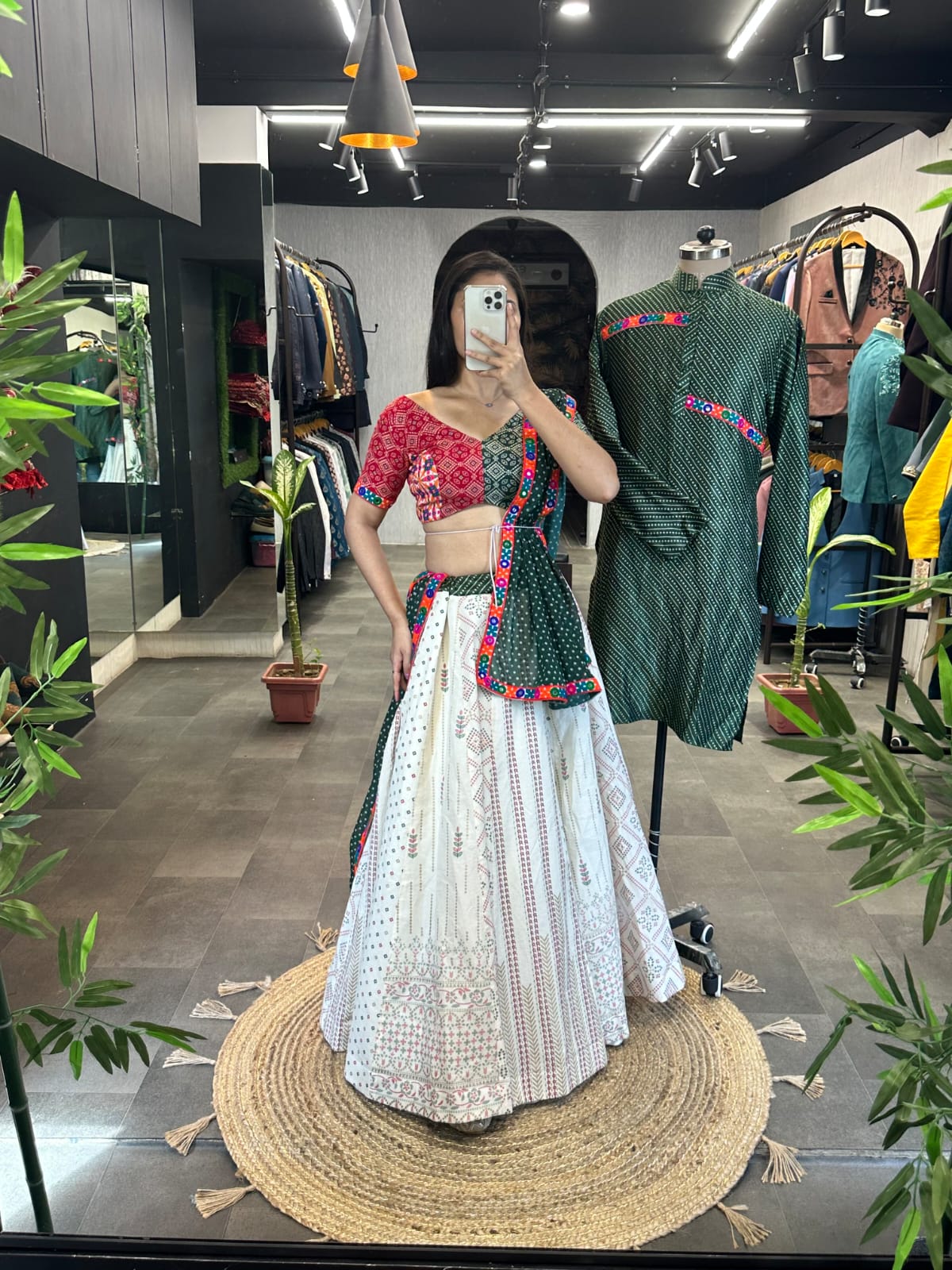 Traditional Wear White and Green Color Couple Combo Lehenga Choli