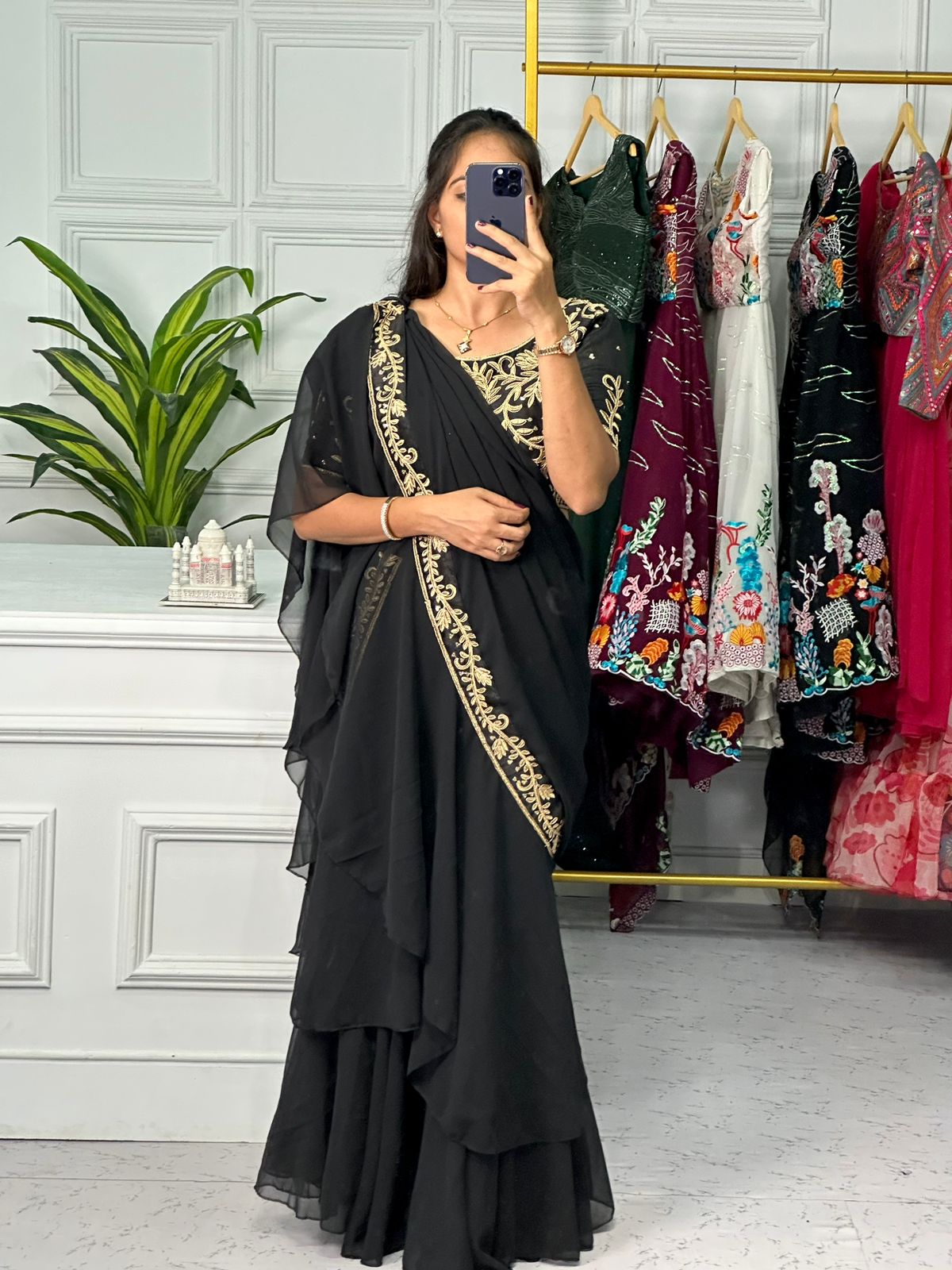 Black Designer Embroidery Soft Georgette Lehenga Saree