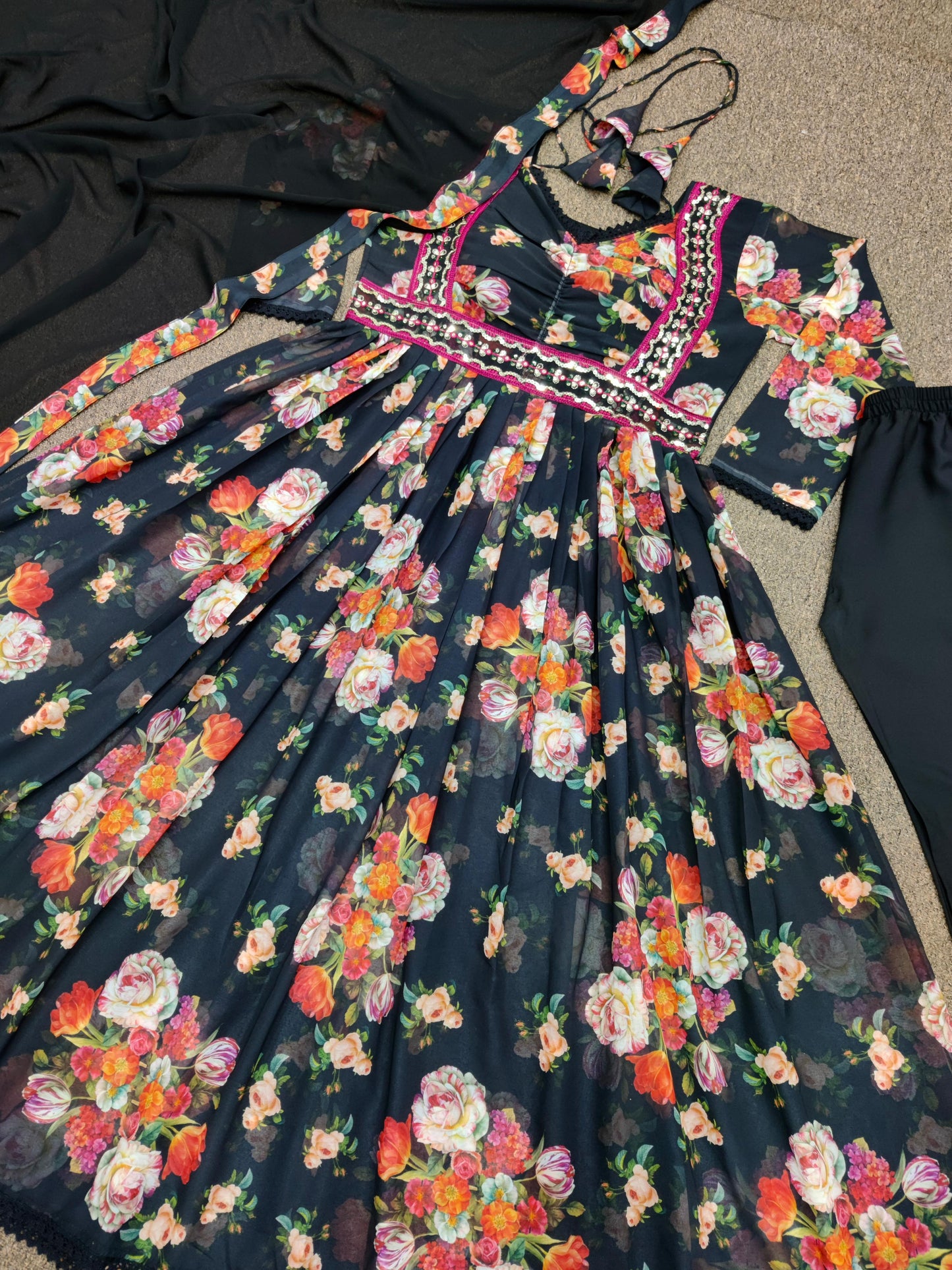 Wonderful Multi Flower Print With Work Black Anarkali Suit